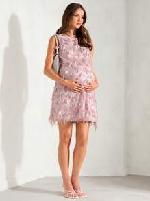 MaterniChic Maternity Round Neck Fuzzy Party Dress - Pink - View 1