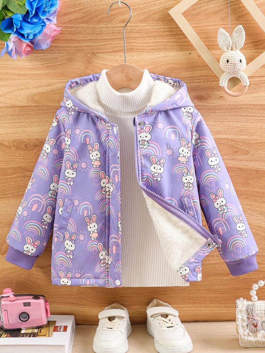SHEIN Young Girls Rabbit Pattern Hooded Thermal Lined Jacket, Children Casual Cardigan For Back To School, Fall/Winter - Purple - View 1