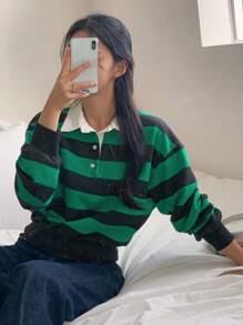 DAZY Women's Loose Short Striped Patchwork Contrast Color Polo Collar Sweatshirt