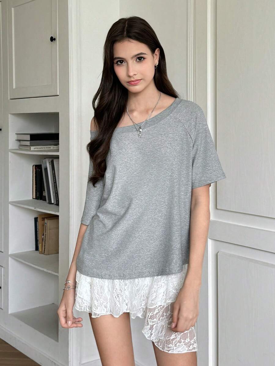 INAWLY Women's Solid Color Minimalist Off Shoulder T-Shirt