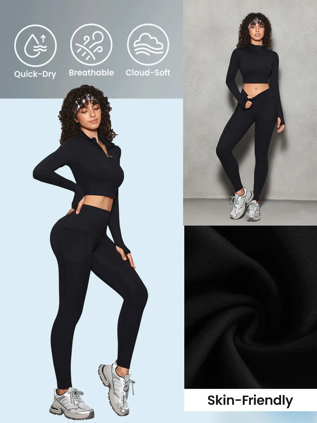SHEIN Sports Women Solid Zipper Hem Long & T-Shirt And Leggings Sports Suit Outfit Set - Black - View 4