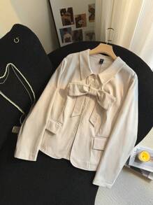 SHEIN Privé Blazer Ukuran Plus Elegan untuk Komuter, Tempat Kerja, Intelektual, Kelas Atas, Minum Teh Sore, Sedikit Seksi, Kencan, Konser, Pesta, dengan Kerah Berpita - Grey - View 12