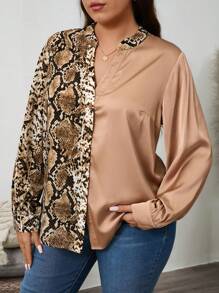 SHEIN LUNE Plus Size Snake Skin Pattern Splice Cutout Neckline Long Sleeve Shirt, Casual Autumn Plus Size Fall Clothes