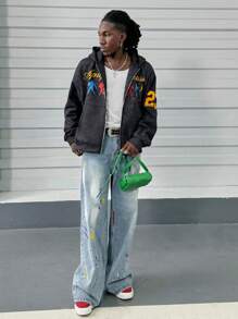 Manfinity VCAY Men's Loose Print Knitted Long Sleeve Sweatshirt, For Fall Winter - Grey - View 5