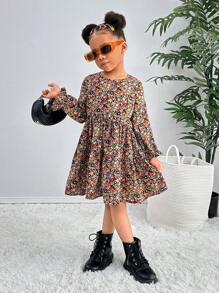 SHEIN Kleine Mädchen Urban Chic Kleid mit Ditsy Blumen Muster, Langarm, Webware, NOVA Store