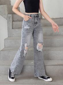 Tween Girl Casual Ripped Washed Denim Straight Leg Jeans - Light Wash - View 3
