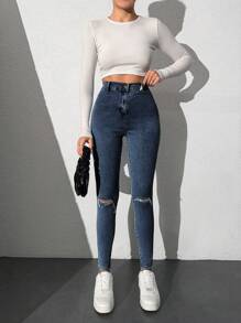 SHEIN Cottnline Ripped Skinny Jeans - Cadet Blue - View 5