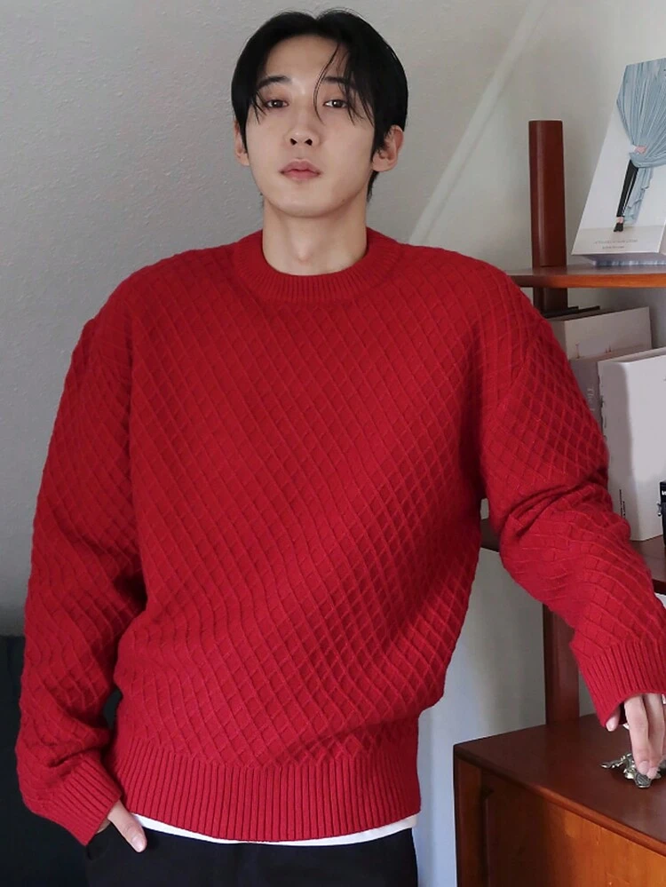 Men's Plain Crew Neck Long Sleeve Knitted Sweater, Autumn