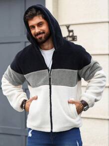 Manfinity Homme Men's Long Sleeve Plain Color Patchwork Front Zip Up Casual Hooded Jacket, Fleece Jacket, Patchwork Hoodie, Men Sherpa Jacket, Color Block Hoodie, For Fall Winter - Multicolor - View 7