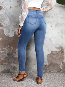 SHEIN LUNE Jeans de mezclilla simples con bolsillo delantero y botones para mujer, uso casual diario - Azul - Ver 2