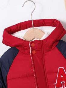SHEIN 1pc Young Boys Casual Comfortable Warm Classic Blue & Red Pieced Hooded Long Padded Coat, Suitable For Outings, School, Daily Gatherings, Autumn & Winter Seasons