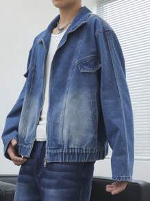 Claim Dot 男士休闲水洗拉链前宽松落肩牛仔夹克，适合秋季 - 中等水洗藍 - 查看 3