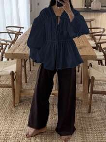 Siren Gaze Áo cánh dài tay buộc eo xếp ly cổ chữ V mới cho nữ màu trắng - Màu xanh hải quân - Xem 3