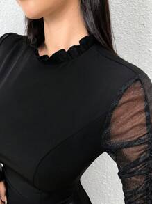 Modelyn 女式立领褶皱长袖连衣裙，喇叭袖和荷叶边下摆设计，优雅、温柔、优雅的派对优雅晚礼服长袖长裙，婚礼/场合礼服长晚礼服 - 黑色 - 查看 7