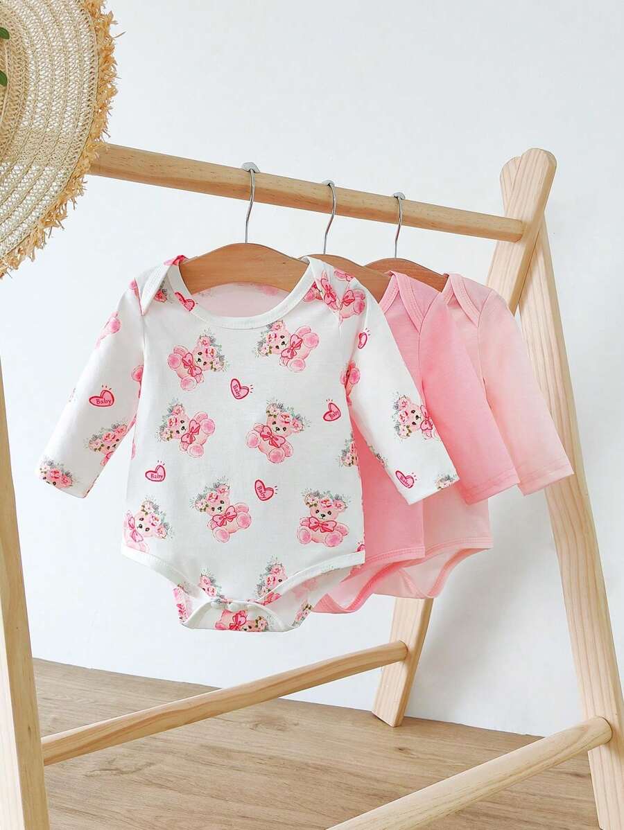 SHEIN 适合新生女孩和儿童的女婴三件套包括一件熊印花连体衣和两件纯粉色连体衣。美丽可爱，易于穿着。 - 彩色 - 查看 1