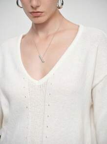 SHEIN LUNE V 领宽松开衩优雅长袖毛衣连衣裙 - 米色 - 查看 4