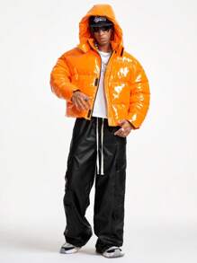 Manfinity RebelGame 男士亮面纯色宽松长袖连帽休闲夹克，冬季外出泡泡袖外套，时尚冬装外套，适合朋友、丈夫、男朋友的礼物 - 橘色 - 查看 9