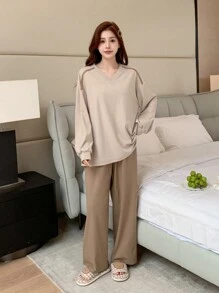 DAZY Minimalist Fleece Patchwork V-Neck Loose Loungewear Set Fall,Winter Pajama - Apricot - View 6