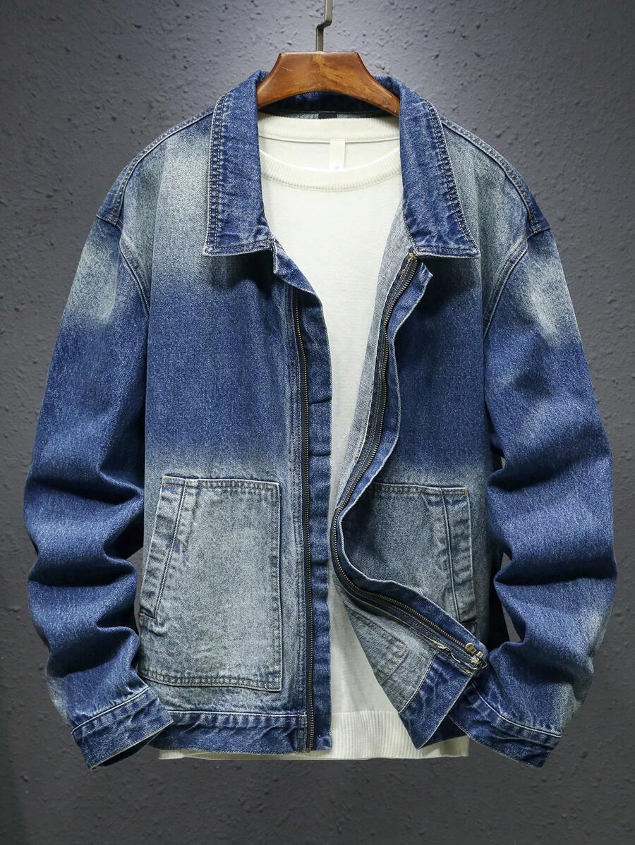 Manfinity Homme Plus Size Men's Vintage Washed Mid-Blue Casual Denim Jacket - Teal Blue - View 1