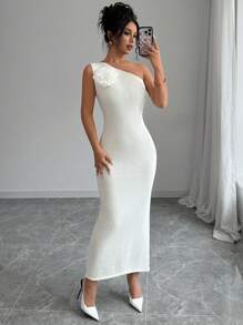 Chiquease Vestido suéter feminino outono inverno cor sólida 3d floral decoração sem mangas elegante - Branco - Ver 4