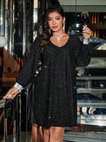 大码女式休闲 V 领长袖直筒宽松全身印花连衣裙，秋季 - 黑色 - 查看 4