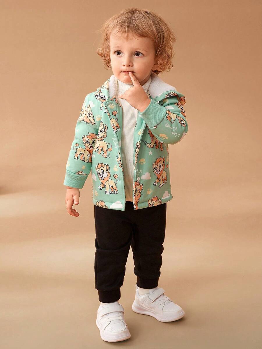 SHEIN Baby Boy Cute Lion Digital Print Thermal Lined Hooded Windproof Warm Jacket, Winter - Black - View 1