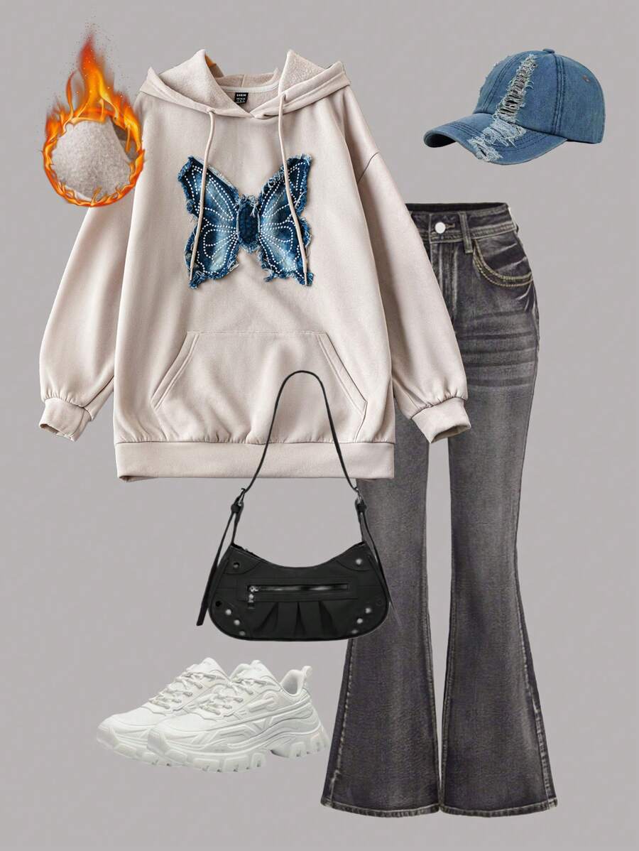 Seusyu Women's Butterfly Print Hooded Pocket Long Sleeve Sweatshirt - Black - View 1