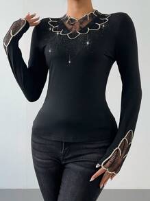 Chiquease 女士秋季/春季立领蕾丝花边水钻装饰基本款 T 恤，随机花卉印花 - 黑色 - 查看 4