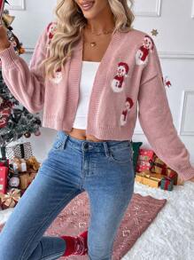 EMERY ROSE Christmas Snowman 3D Faux Fur Decor Oversized Casual Sweater Jacket, Reduces Age, Cozy Vibe, Autumn/Winter - Multicolor - View 5