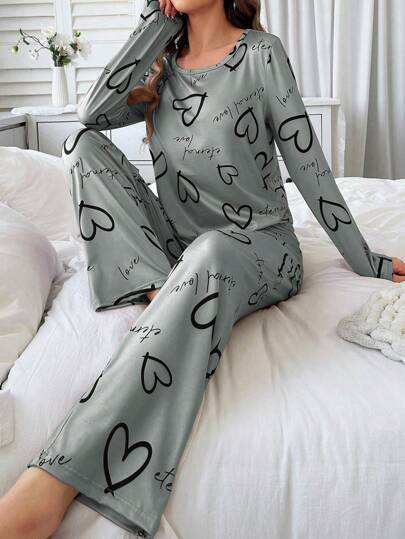 Heart Letter Print Women Round Neck Long Sleeve Top Pants Pajama Set, Fall Clothes view 5