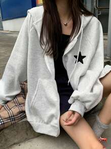DAZY 女士休闲星星刺绣保暖内衬连帽衫，秋冬 Y2K 长袖上衣拉链夹克 - 淺灰色 - 查看 2
