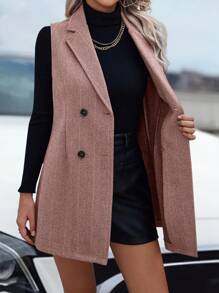 SHEIN Clasi 无领单排扣无袖简约休闲上衣 - 紅色 - 查看 3