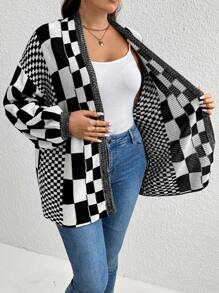 Elenzga Plus Size Women's Checkerboard Pattern Loose Cardigan, For Winter - Black - View 7