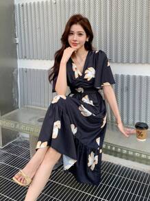 DAZY Women's V-Neck Allover Floral Print Dress Sundress,Dress For Wedding - Black - View 1