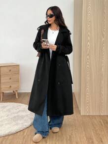 SHEIN EZwear Áo khoác dài tay đơn giản ấm áp giản dị cài nút màu trơn phía trước, mùa thu đông - màu đen - Xem 7