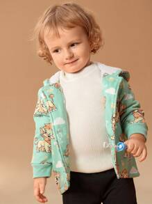 SHEIN Baby Boy Cute Lion Digital Print Thermal Lined Hooded Windproof Warm Jacket, Winter - Black - View 5