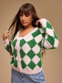 Forever 21 Plus Size Women Casual Dropped Shoulder Loose Checker Pattern Fluffy Knit Button Front Cardigan - Multicolor - View 5
