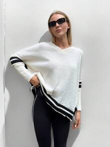 SHEIN Essnce Women's Striped Print V-Neck Long Sleeve Pullover Sweater With High-Low Hem,Women Sweaters,Fall Women Outfits,Women Outfits,Women Outfits,V Neck Long Sleeve