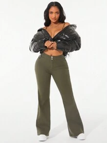 SHEIN Unity Solid Color Skinny Flare Leg Sexy Jeans - Army Green - View 7