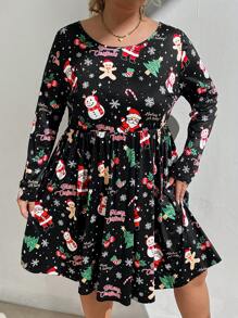 SHEIN CURVE+ Plus Women Long Sleeve Christmas Print Dress, Autumn & Winter Clothes - Multicolor - View 7