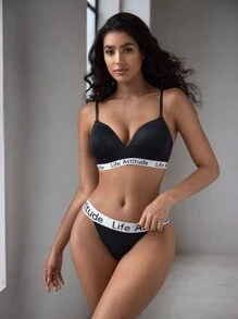 EasyFave Conjunto de sujetador y pantie con bordado de letras para mujer - Negro - Ver 7