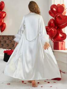 Slumberist Lace-Panel Satin Slip Dress And Double-Layer Fuzzy Cuff Belted Robe Pajama Set White Set, Fall Winter Clothes