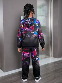 2pcs Tween Boys'' Streetwear Graffiti Artwork Hoodie Sweatshirt And Pants Set, Suitable For Autumn - Black - View 8