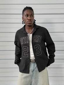 Manfinity VCAY Men's Loose Fit Checkered Long Sleeve Embroidered Shirt