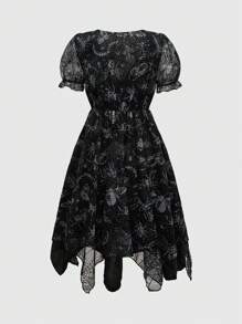 ROMWE Grunge Punk Women's V-Neck Asymmetrical Hem Puff Sleeve Spider Web Flocked Print Punk Style Dress