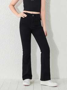 SHEIN Explorewe Tween Girl New Casual Fashionable Flared Jeans, Washed Denim, All-Match Style - Black - View 4