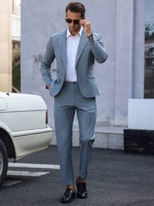 Manfinity Bizformal Men Stripe Pattern Formal Business Casual Notched Collar Suit Jacket And Pants Set - Grey - View 8