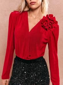 Poéselle Body floreale rosso, body casual da donna con decorazione floreale 3D a maniche lunghe, look donna autunnali, abiti da ballo, abiti da festa, abiti da donna per club, adatti per uso quotidiano, strada, ricevimenti, feste, abito di Natale, abito per compleanni