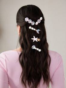 SHEIN MOD 5 件/套女士粉色贝壳、珍珠/珍珠母、亮片、不对称贝壳发夹，适合海滩、度假 - 粉色 - 查看 4