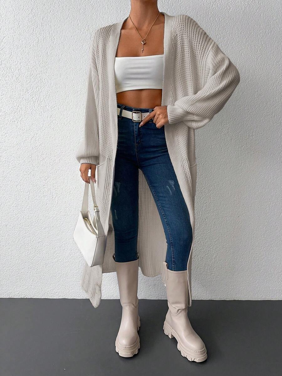 EURMUSE Cárdigan de manga larga oversized para mujer con bolsillos grandes, color liso - Albaricoque - Ver 1